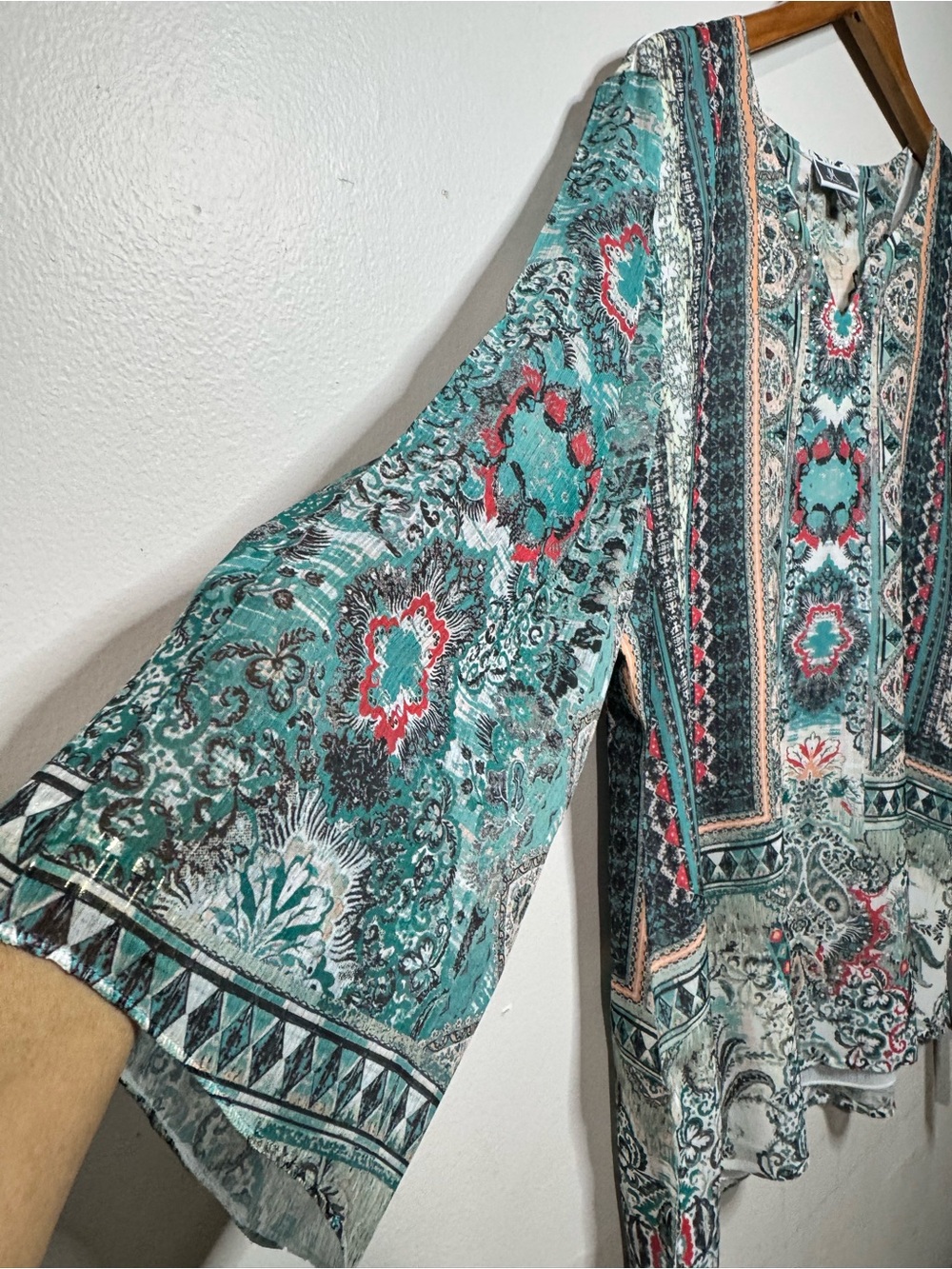 JM Collection Teal Multi-Pattern Open Front Kimono - Picture 7 of 12